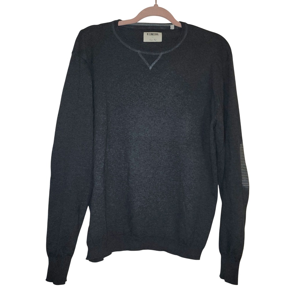 Linksoul Mens M Dark Gray Cotton Cashmere Blend Crew Neck Sweater Elbow Patches